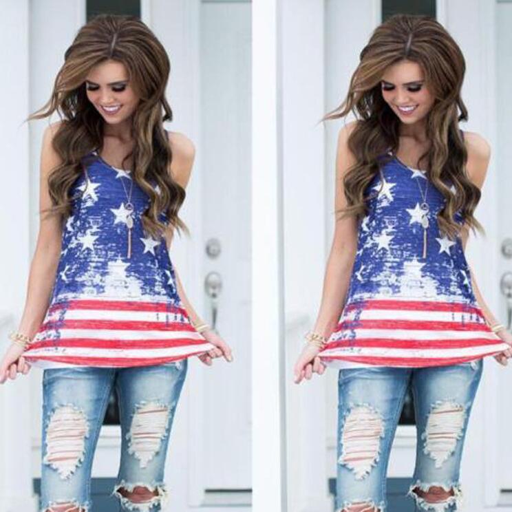 F2504  American Flag Vest Shirt Top Blouse Ladies Tops